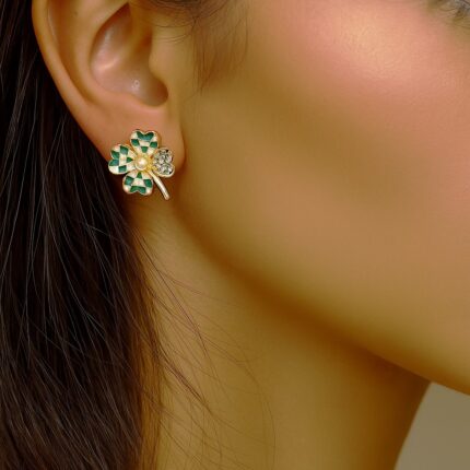Four Leaf Clover Stud Earrings with Pearl & Crystals